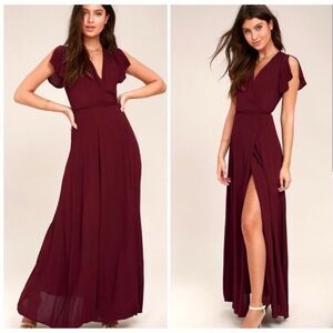 Lulus Burgundy Wide-Leg Jumpsuit NWT | Women’s Small | Flutter Sleeve Deep V